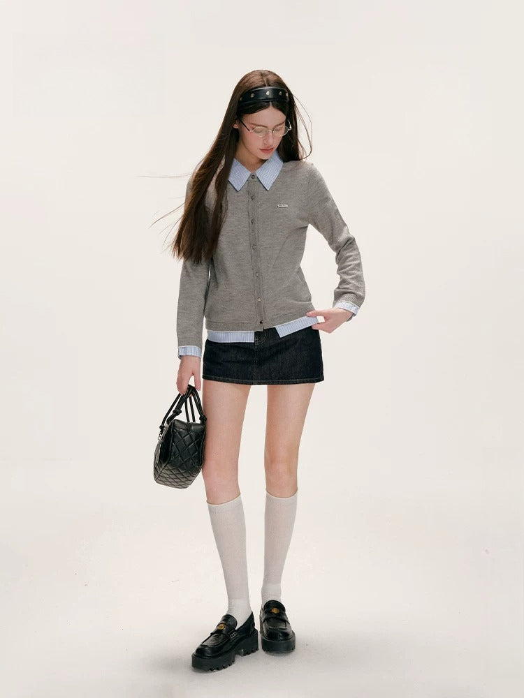 Plaid Trim Denim Skirt
