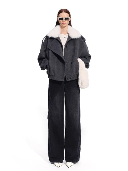 Faux Fox Fur Wool-Blend Aviator Jacket