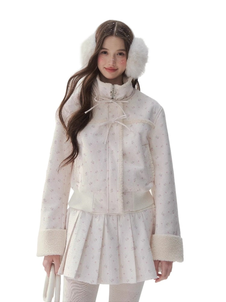 Floral Corduroy Shearling Jacket &amp; Skirt Set