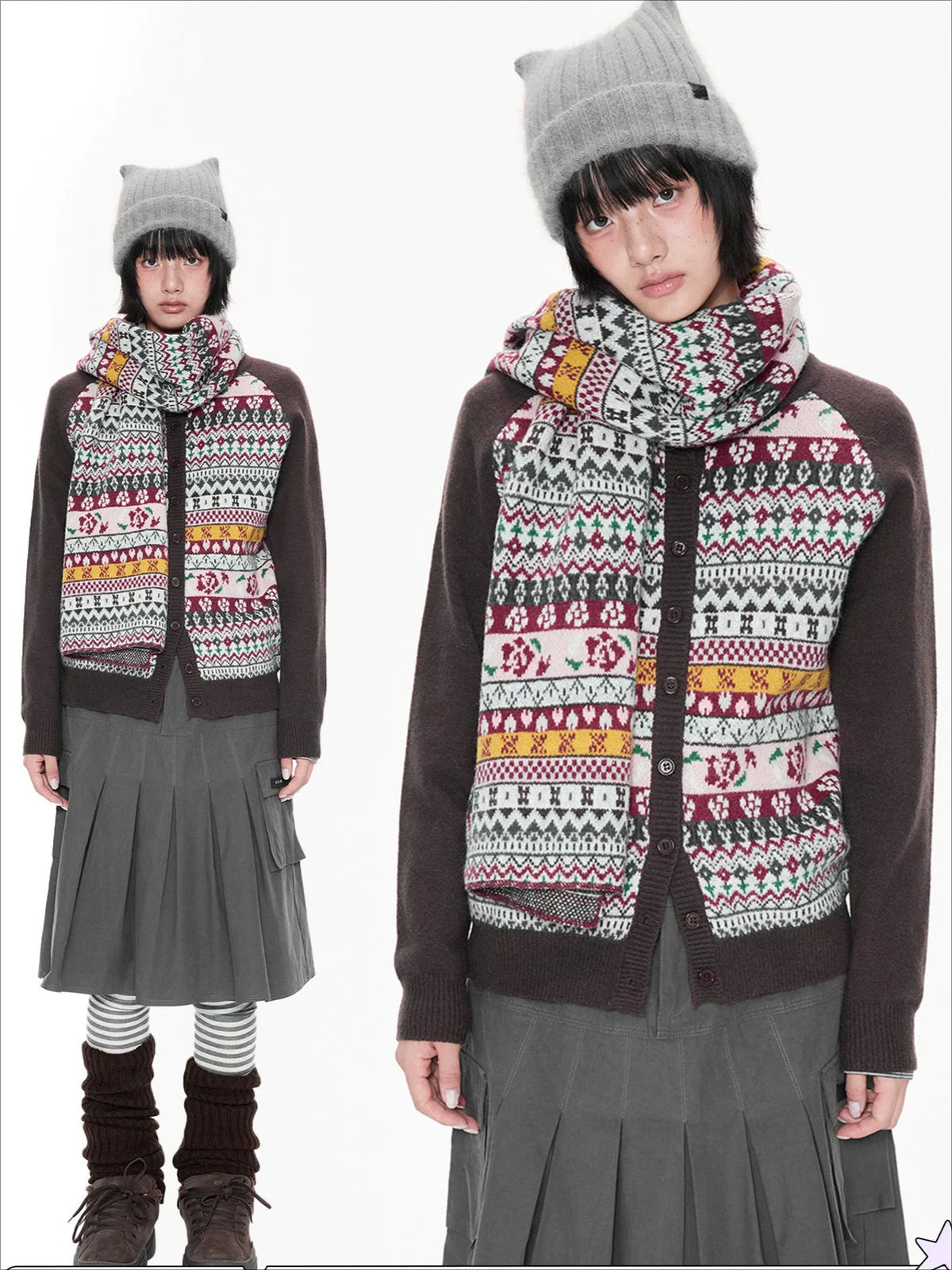 Contrast Folk Print Cardigan Set