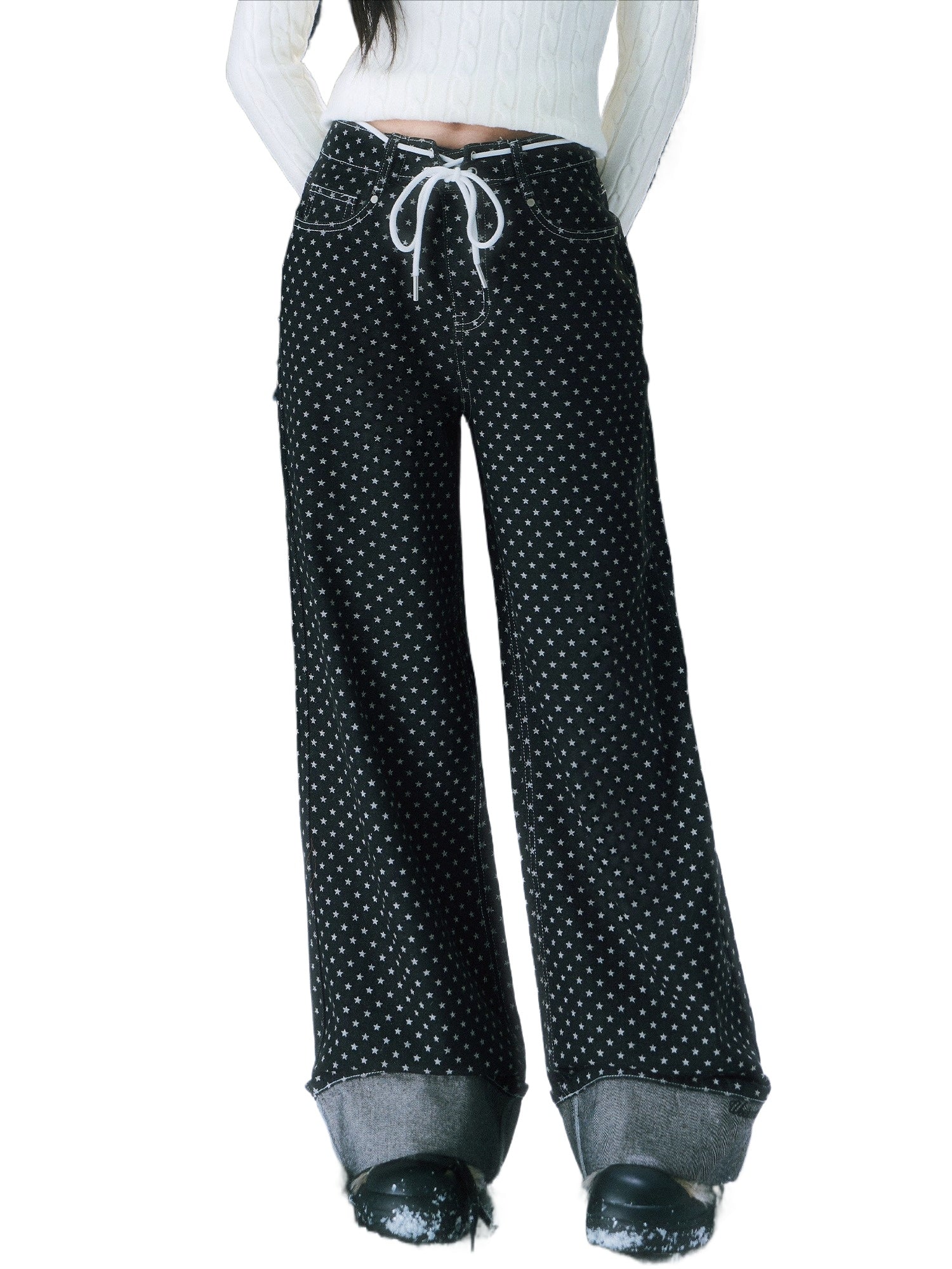 Star Pattern Wide-Leg Denim Pants