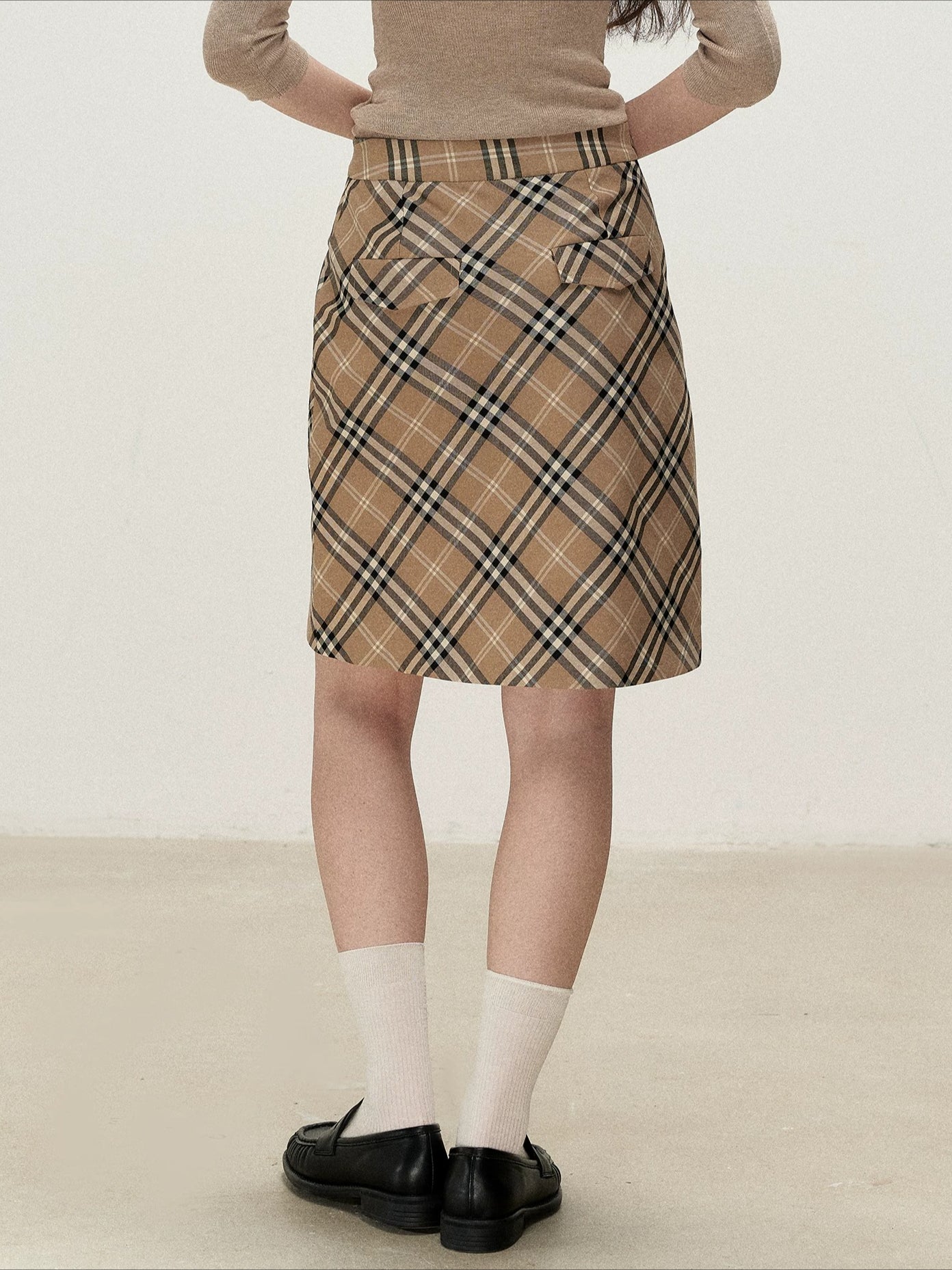 Brown Plaid Napoleon Midi Skirt