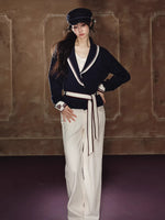 Color-Block Collared Tie-Waist Sweater