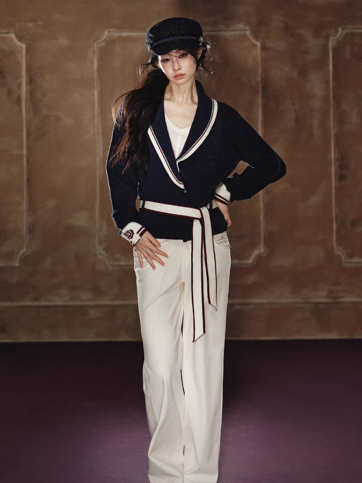 Color-Block Collared Tie-Waist Sweater
