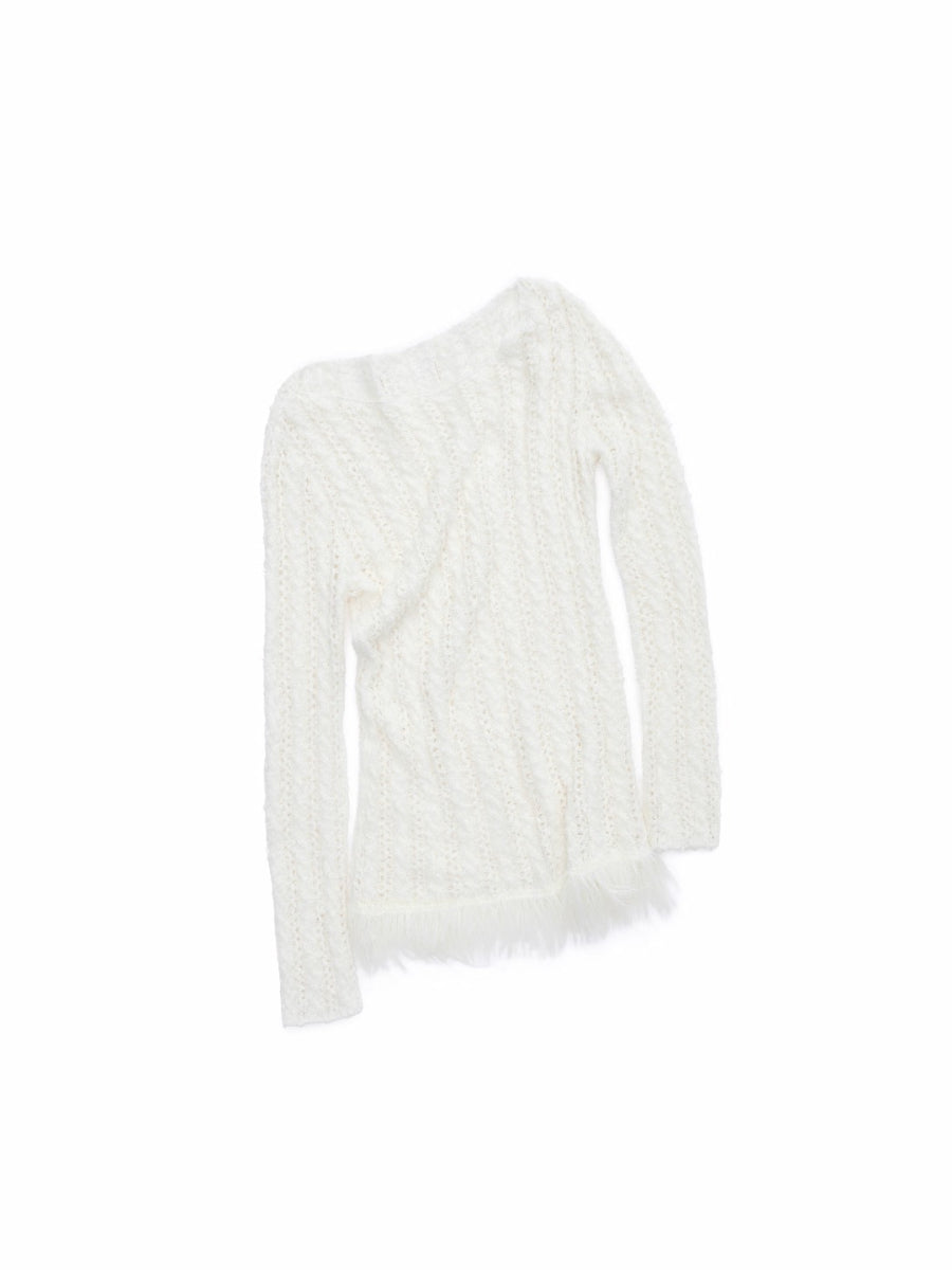 Cable Knit Faux-Fur Trim Fitted Sweater
