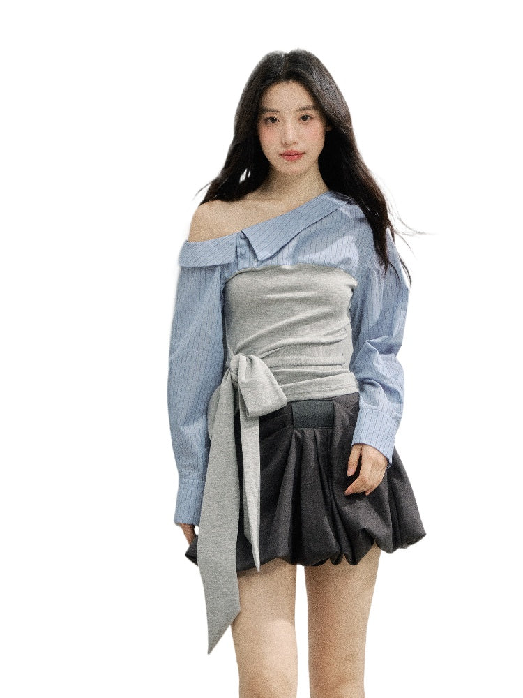 Asymmetric Shoulder Fake Two-Piece Striped Patchwork Shirt