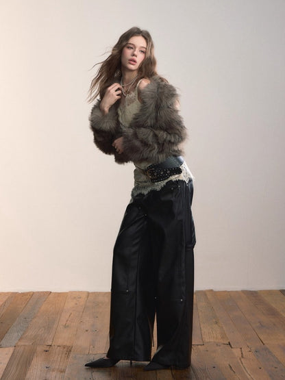 Short PU Leather Faux Fur Collar Coat