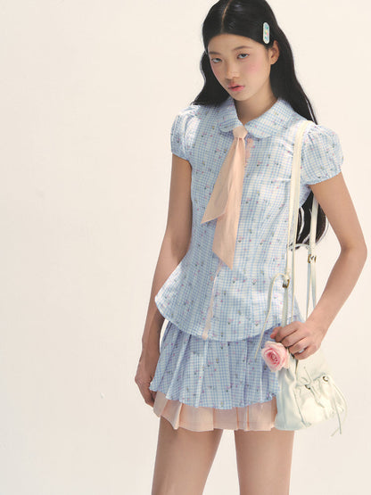 Blue Floral Contrast Check Shirt &amp; Skirt Set