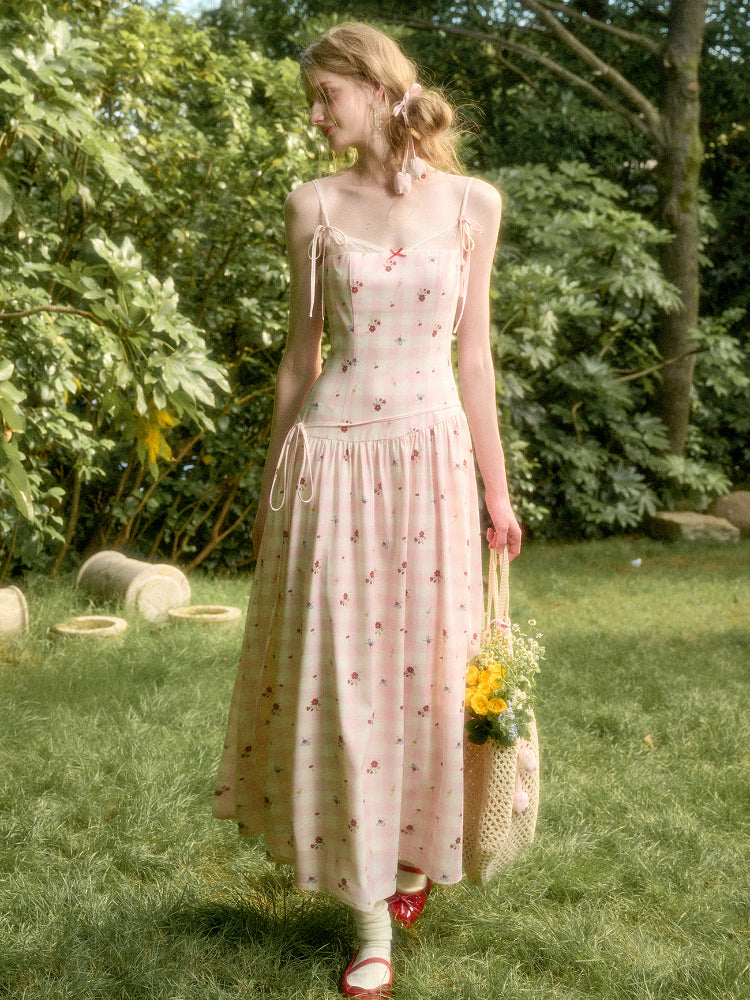 Pink Check Hand-Painted Print Dress