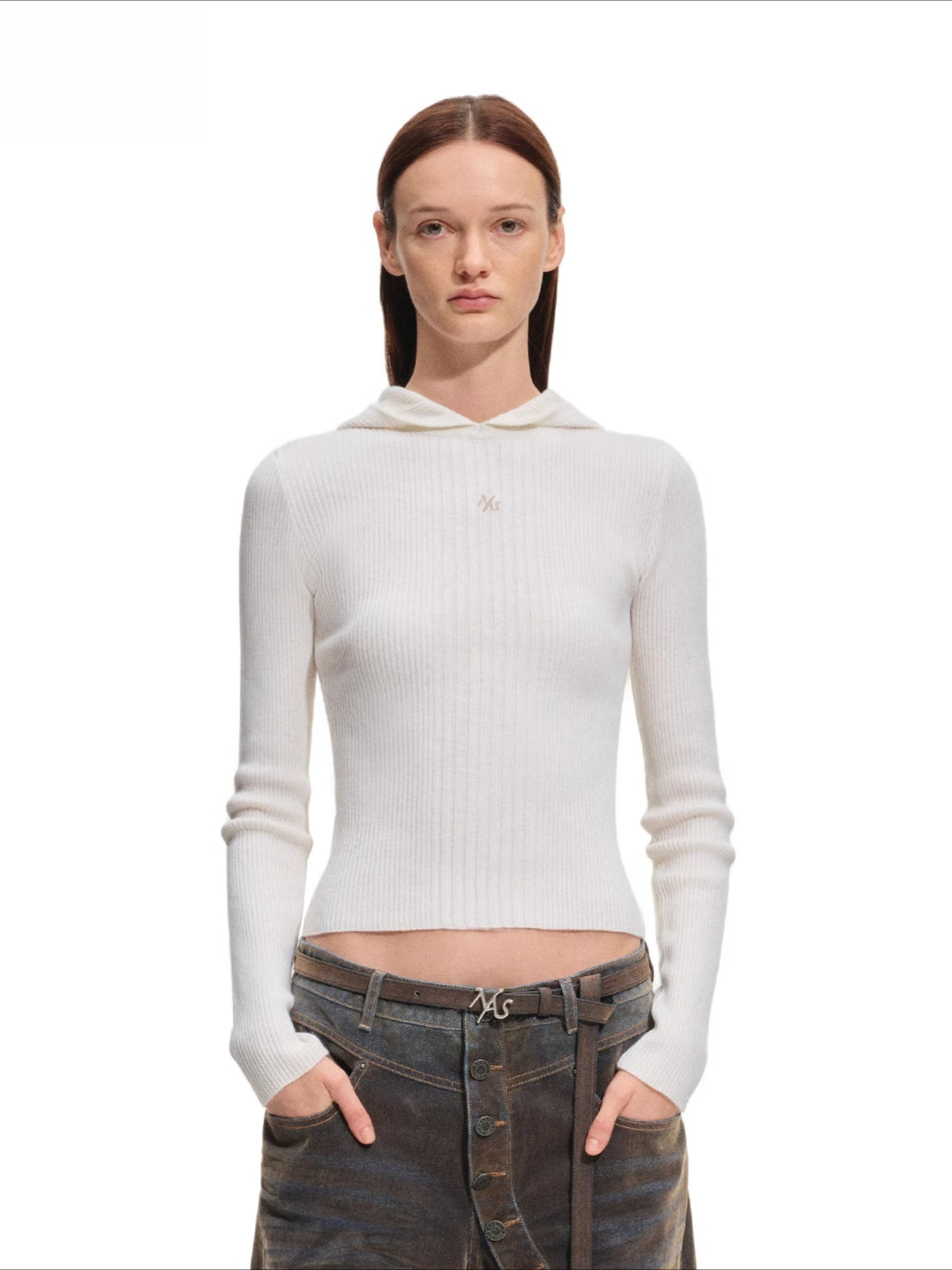Ribbed Wool Hooded Knit Top