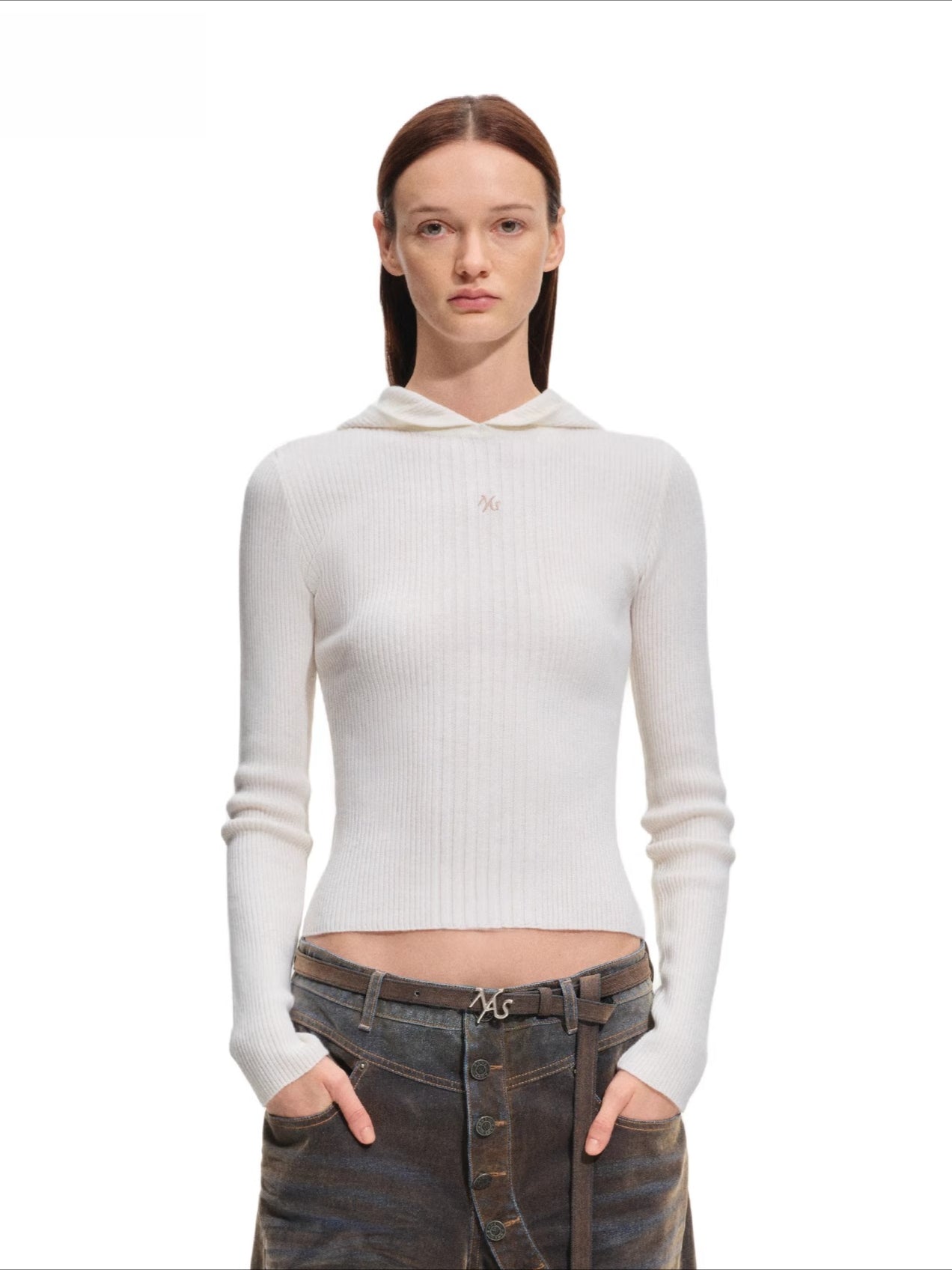 Ribbed Wool Hooded Knit Top