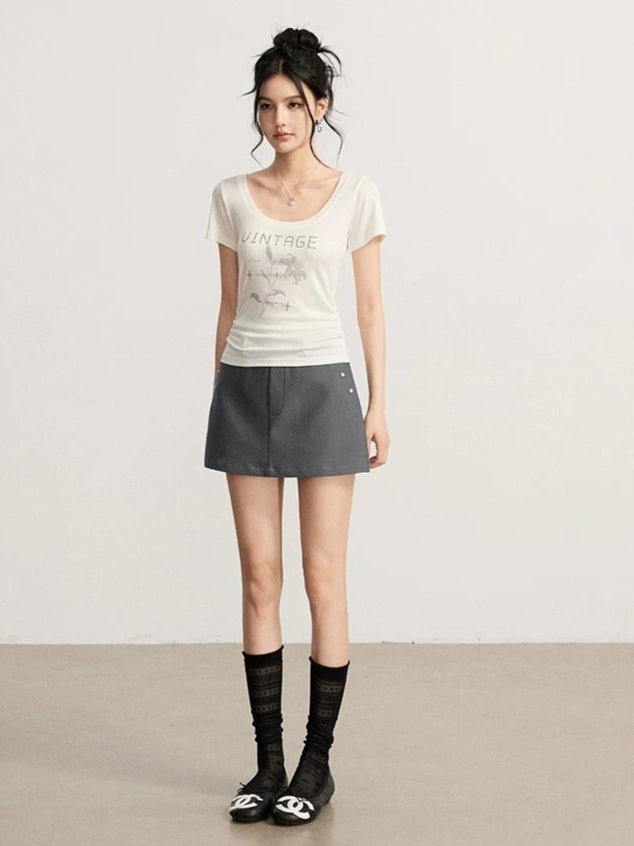 Rhinestone Floral U-Neck T-shirt