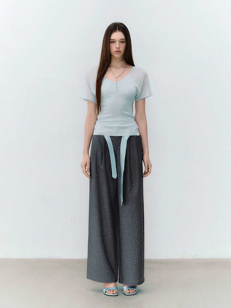 Gray &amp; Khaki Rhinestone Wide-Leg Pants