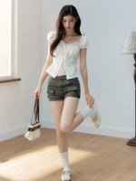 Layered Lace Bow Puff Top