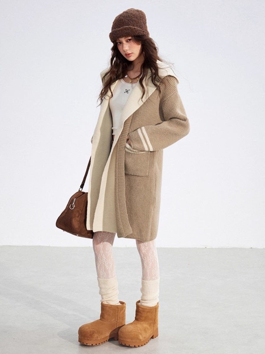 Detachable Collar Long Knit Coat