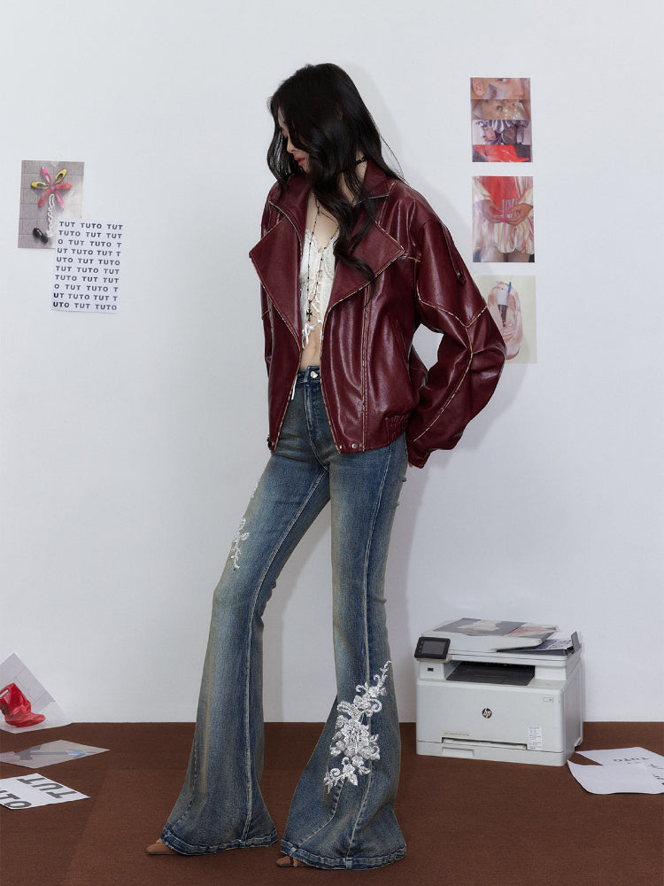 White Embroidered Flared Washed Denim Jeans