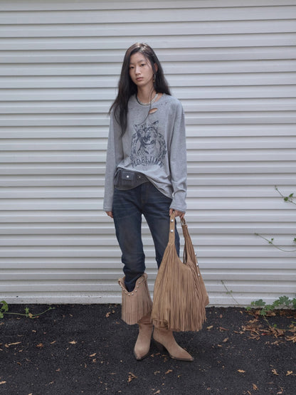 Suede Fringe Stud Tote