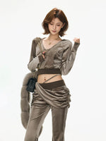 Velvet Hooded Cropped Flared Pants Set