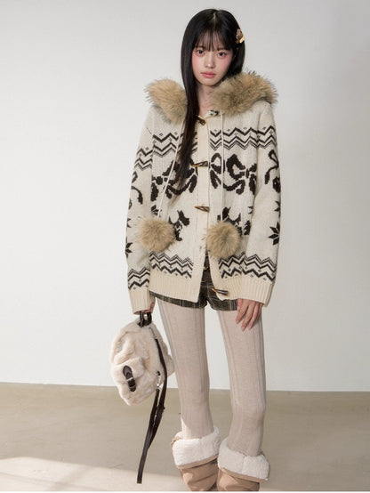 Fair Isle Fur Collar Toggle Knit Coat