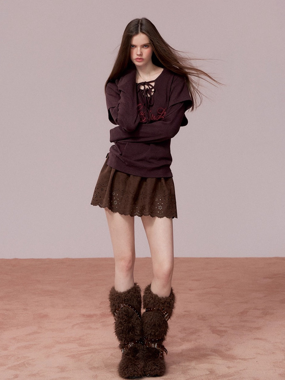 Embroidered Faux Suede A-Line Skirt