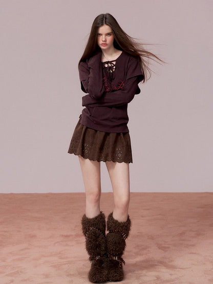 Embroidered Faux Suede A-Line Skirt