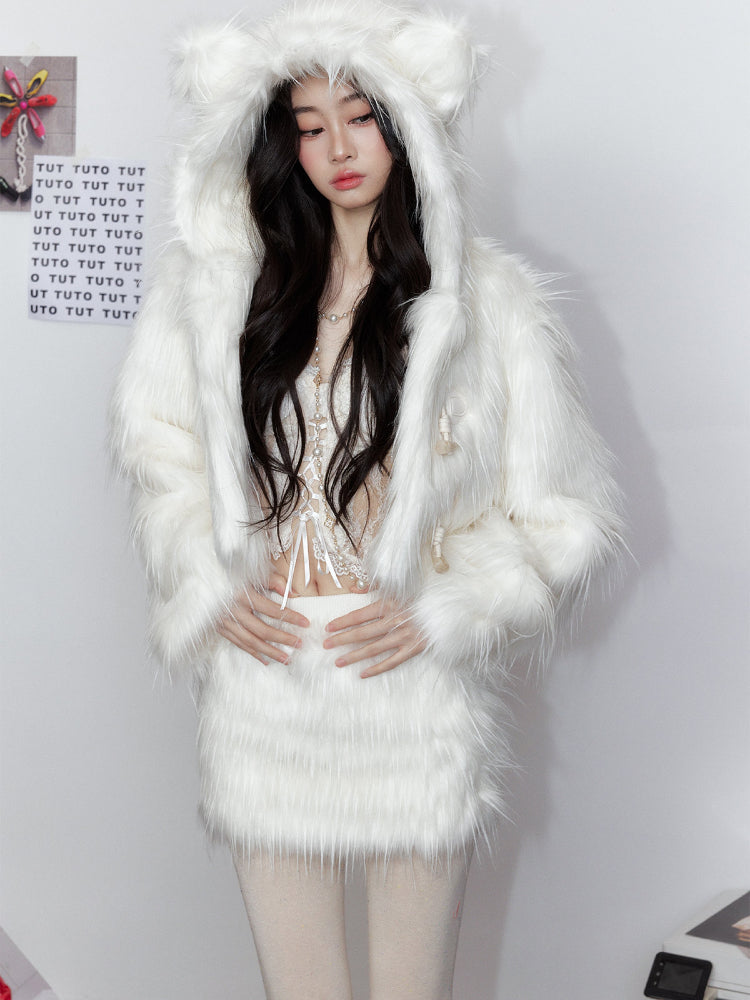White Hooded Fur Coat