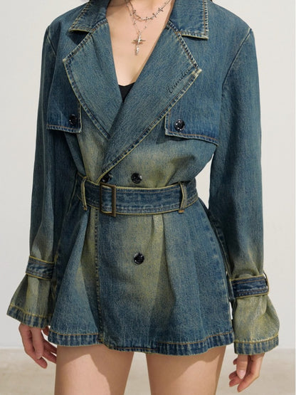 Double-Breasted Loose Denim Trench Coat
