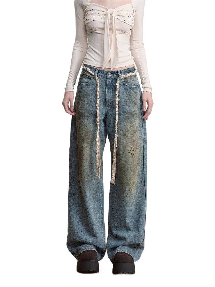 Distressed Wide-Leg Denim Pants