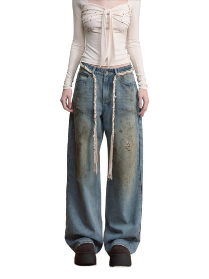 Distressed Wide-Leg Denim Pants