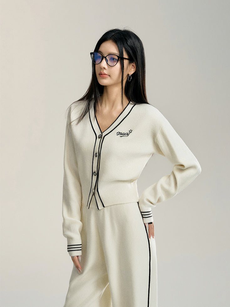 Black &amp; Off-white V-neck Knitted Cardigan Set
