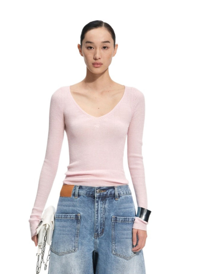 Rose Luna Mercerized Wool V-Neck Top