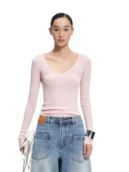 Rose Luna Mercerized Wool V-Neck Top