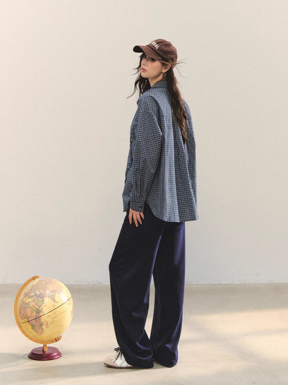 Plaid Ruffle Drawstring Pleated Shirt &amp; Sweatpants Set