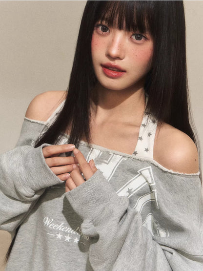 Off-Shoulder Halter Faux Layer Sweatshirt