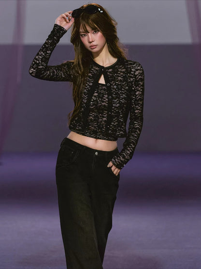 Lace Satin Cardigan Set