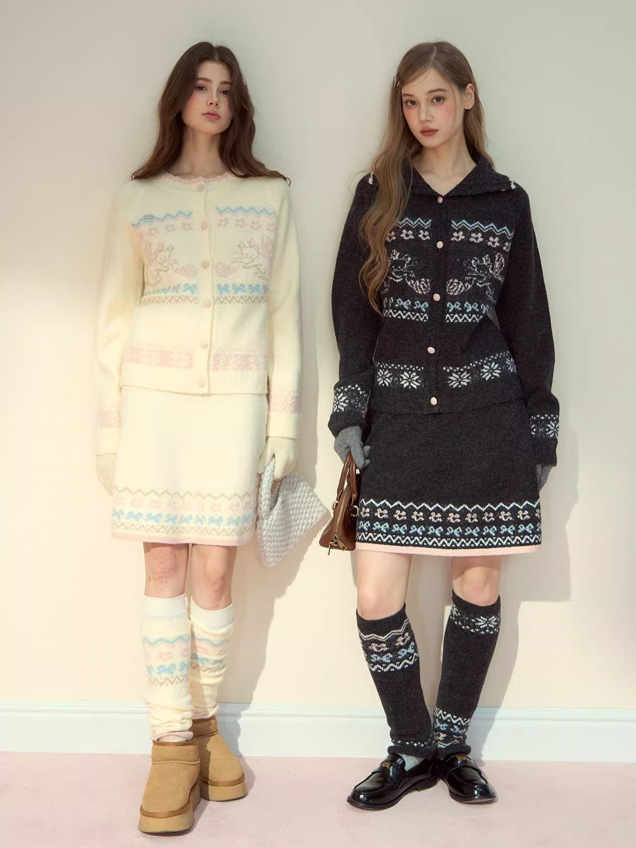 Gray &amp; Off-white Fair Isle Cat Knit Set