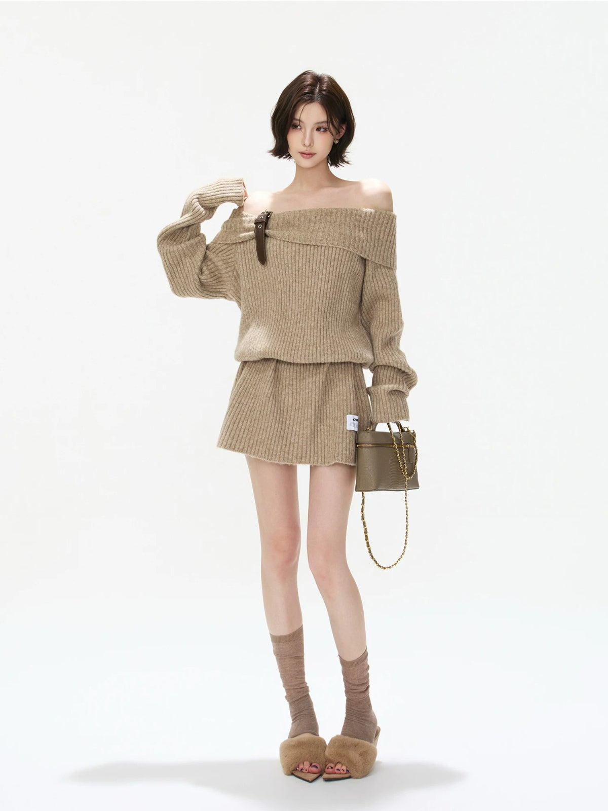 Off-Shoulder Ribbed Wool Blend Mini Dress