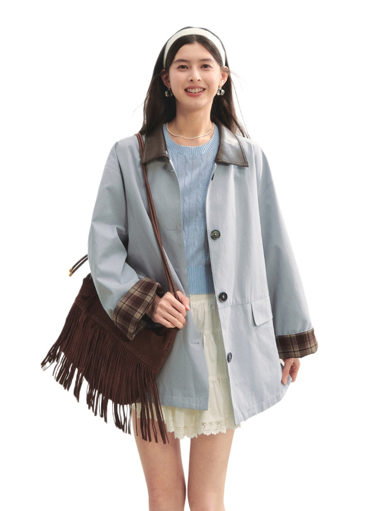 Plaid Patchwork Color-Block Trench Coat