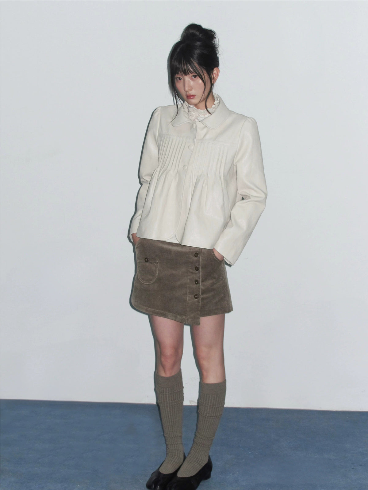 Pleated Curved-Hem Leather Jacket