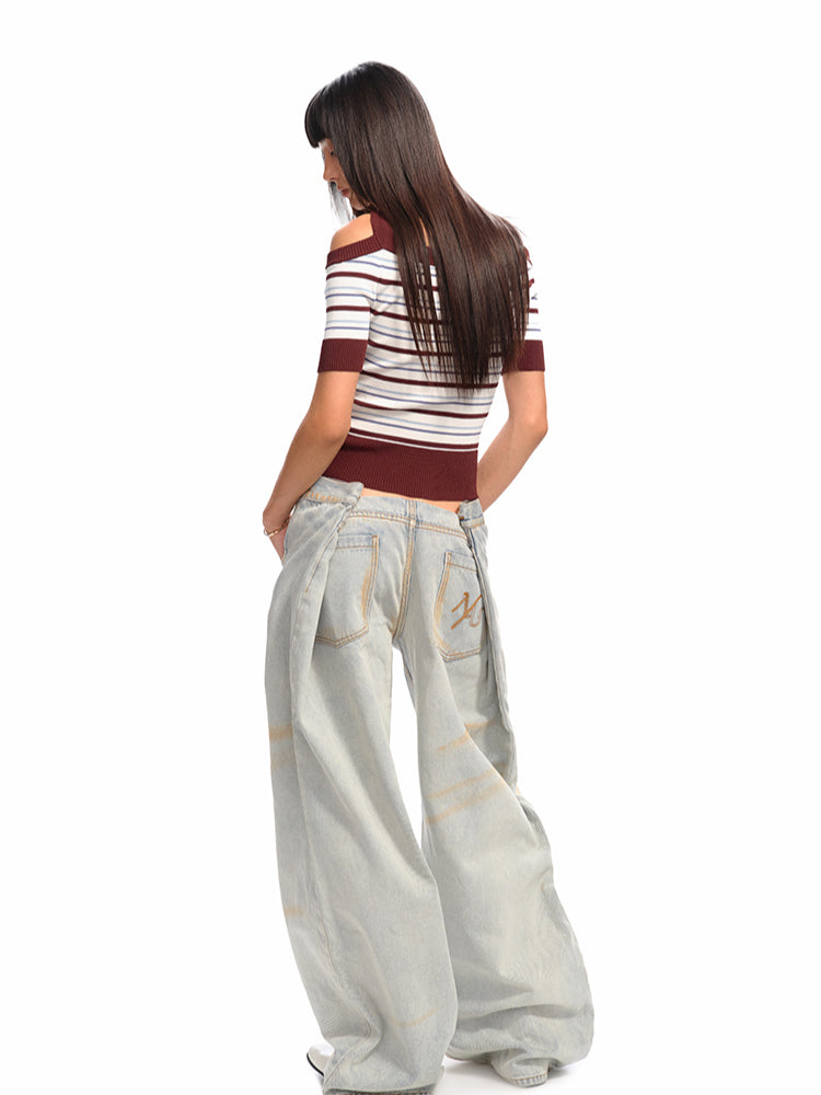 One-Shoulder Halter Neck Color-Block Striped T-shirt