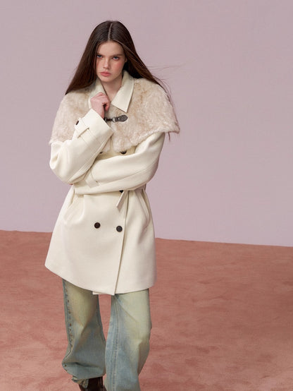 Fur Collar Cape-Style Wool Coat