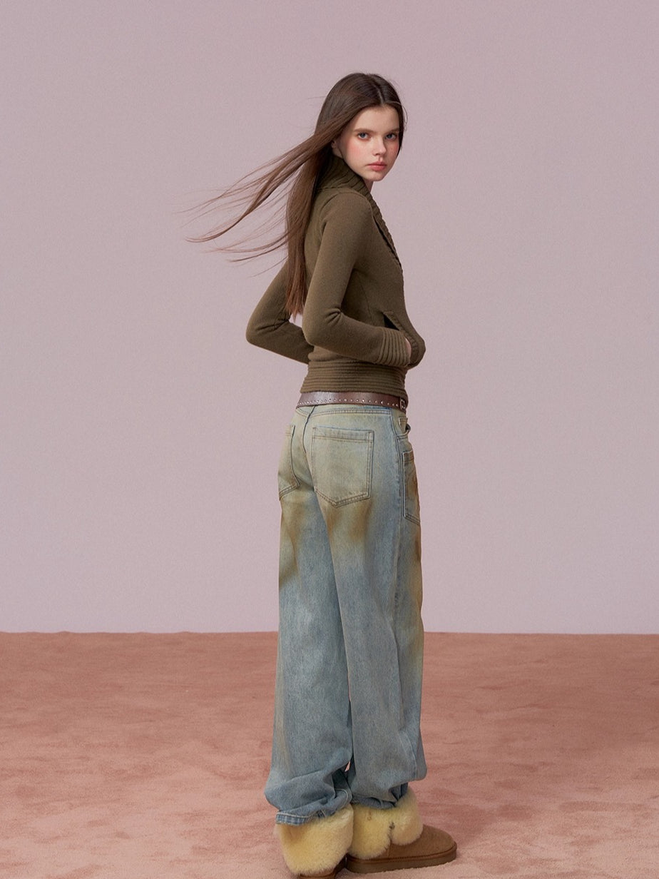 V-neck Double-breasted Knit Sweater