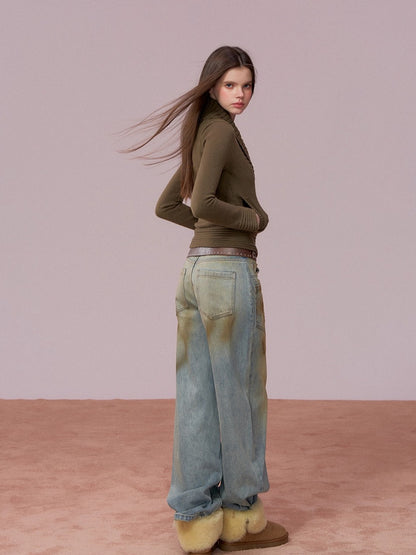 V-neck Double-breasted Knit Sweater