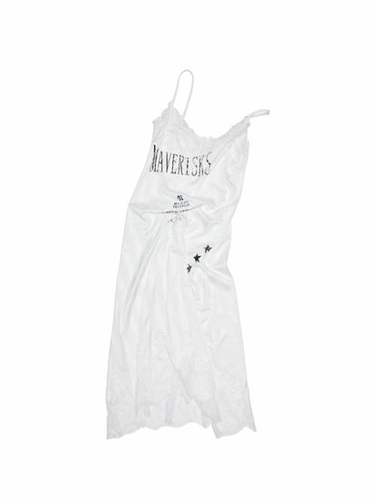 Satin Letter Print Spliced Lace Slip Midi Dress
