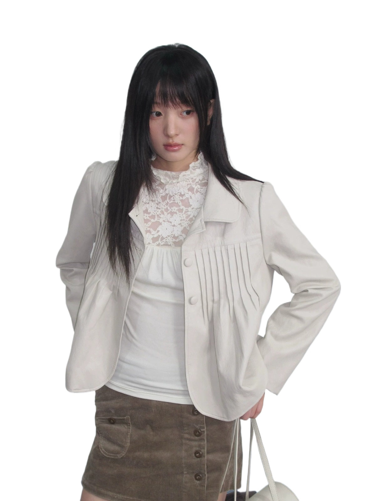 Pleated Curved-Hem Leather Jacket