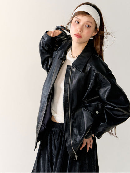 Black Turn-Down Collar Leather Jacket