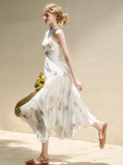 Halter Neck Printed Square Scarf Long Dress