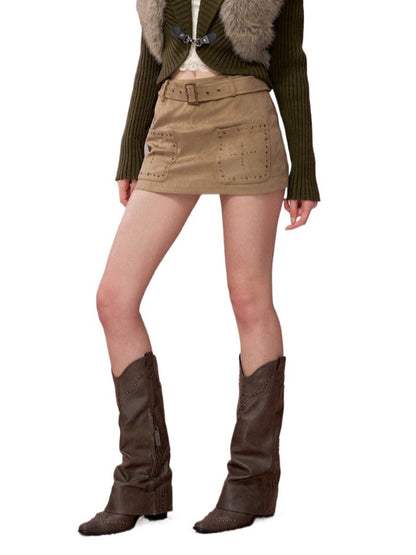 Studded Belt Faux Suede A-Line Skirt