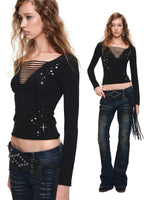 Rhinestone Cutout V-Neck Long Sleeve Top