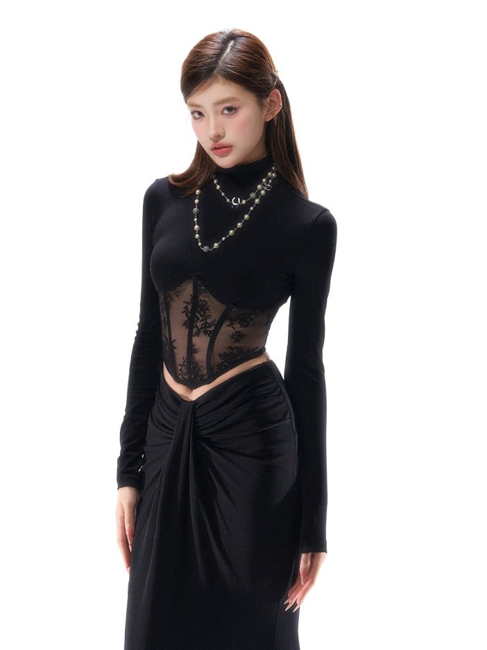Lace-Trim Corset Long-Sleeve Top
